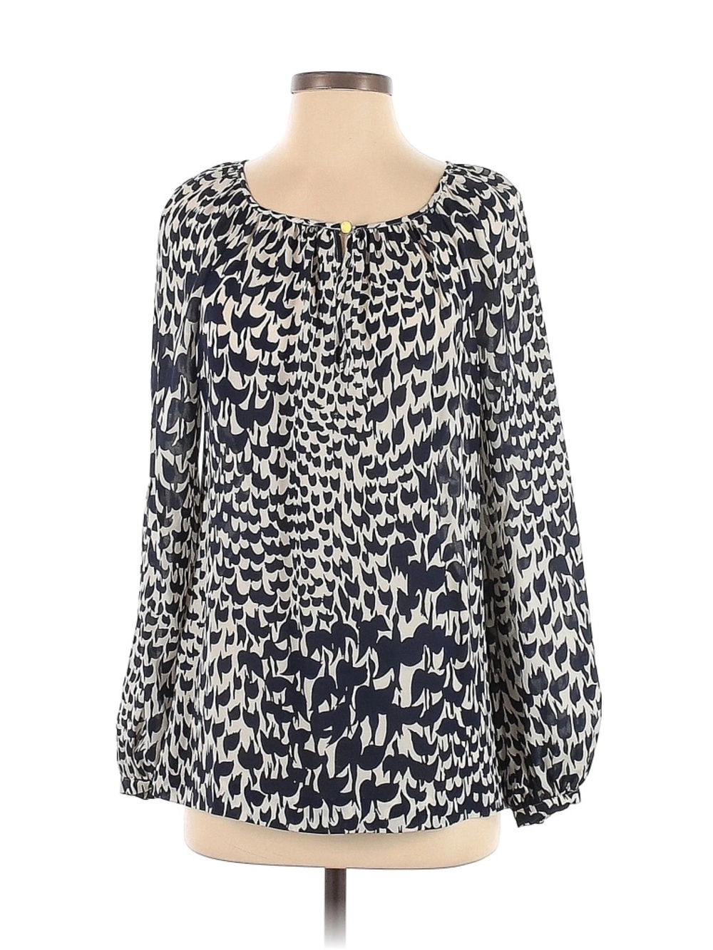 Tory Burch 100% Silk Printed Blouse Blue Cream Long Sleeve Size 2
